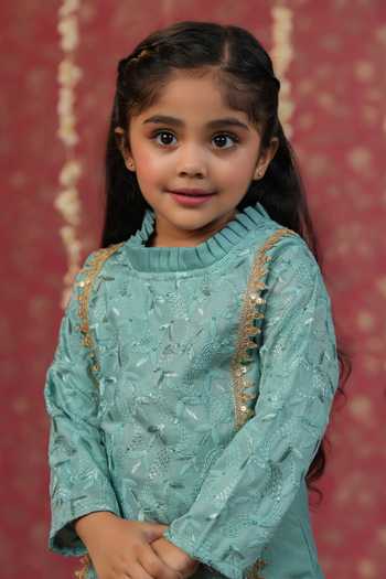 Cute Couture_Blue Muslin, Silk Gota Patti, Embroidery Kurta And Sharara Set _Online_at_Aza_Fashions