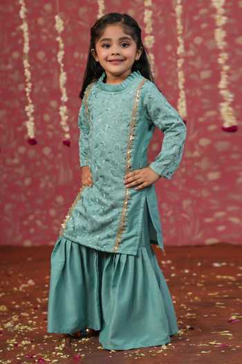 Shop_Cute Couture_Blue Muslin, Silk Gota Patti, Embroidery Kurta And Sharara Set _Online_at_Aza_Fashions