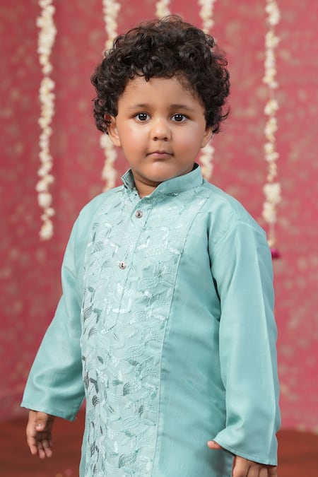 Cute Couture_Blue Muslin, Silk Embroidery Stand Collar Kurta And Pant Set _Online_at_Aza_Fashions