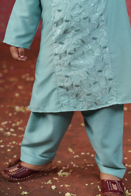 Buy_Cute Couture_Blue Muslin, Silk Embroidery Stand Collar Kurta And Pant Set _Online_at_Aza_Fashions