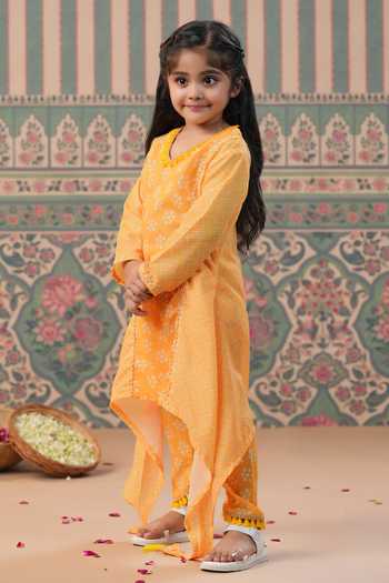 Buy_Cute Couture_Yellow Muslin Tassels Bandej Print Kurta And Pant Set _Online_at_Aza_Fashions
