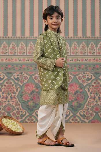Cute Couture_Green Muslin, Cotton, Silk Embroidery Bandej Print Jacket Pant Set _Online_at_Aza_Fashions