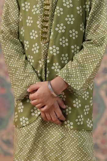 Buy_Cute Couture_Green Muslin, Cotton, Silk Embroidery Bandej Print Jacket Pant Set _Online_at_Aza_Fashions