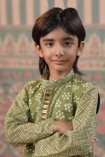 Cute Couture_Green Muslin, Cotton, Silk Embroidery Bandej Print Jacket Pant Set _at_Aza_Fashions