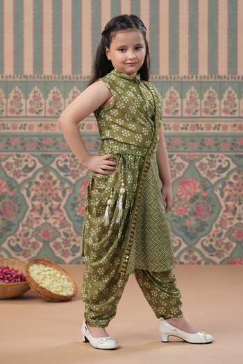 Buy_Cute Couture_Green Muslin, Silk Lace Bandej Print Cape And Dhoti Pant Set _Online_at_Aza_Fashions