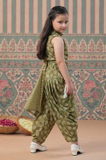 Shop_Cute Couture_Green Muslin, Silk Lace Bandej Print Cape And Dhoti Pant Set _Online_at_Aza_Fashions