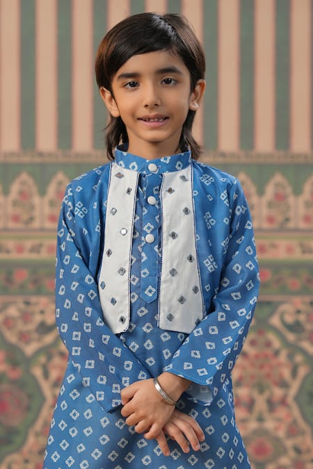 Buy_Cute Couture_Blue Muslin, Silk, Cotton Mirrors Bandej Print Kurta And Balloon Pant Set _Online_at_Aza_Fashions