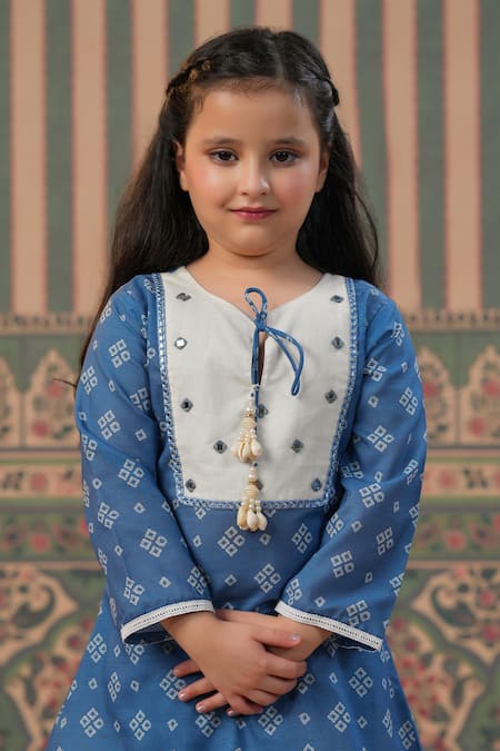 Shop_Cute Couture_Blue Muslin, Silk Tassels Bandhani Print Kurta With Pant _Online_at_Aza_Fashions