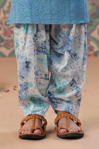 Cute Couture_Blue Muslin, Cotton Embroidery Flower Kurta With Salwar Pant _Online_at_Aza_Fashions