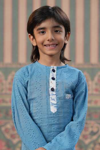 Buy_Cute Couture_Blue Muslin, Cotton Embroidery Flower Kurta With Salwar Pant _Online_at_Aza_Fashions