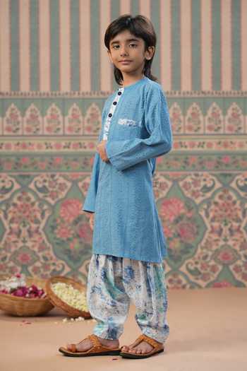 Shop_Cute Couture_Blue Muslin, Cotton Embroidery Flower Kurta With Salwar Pant _Online_at_Aza_Fashions