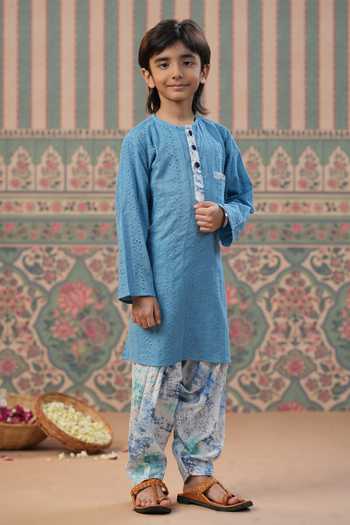 Cute Couture_Blue Muslin, Cotton Embroidery Flower Kurta With Salwar Pant _at_Aza_Fashions