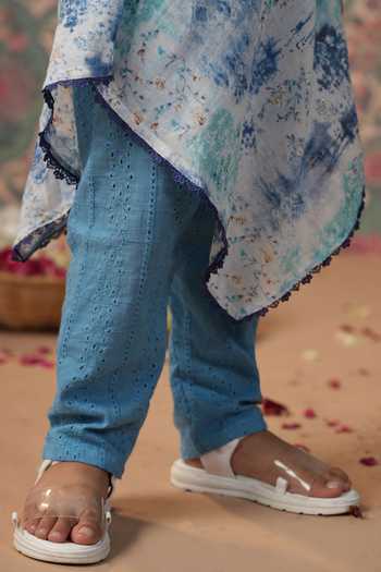 Buy_Cute Couture_Blue Muslin, Silk, Cotton Lace, Embroidery Flower Print Kurta With Pant _Online_at_Aza_Fashions