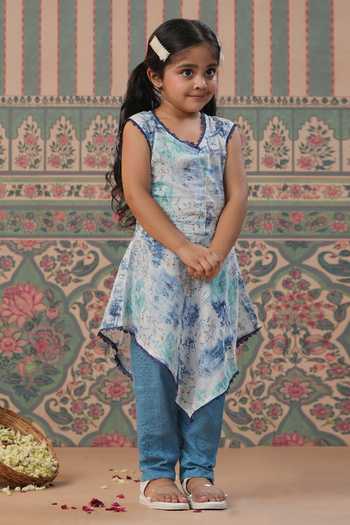 Shop_Cute Couture_Blue Muslin, Silk, Cotton Lace, Embroidery Flower Print Kurta With Pant _Online_at_Aza_Fashions