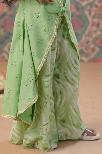 Cute Couture_Green Muslin Brooches, Embroidery Floral Schiffli Cape And Palazzo Set _Online_at_Aza_Fashions