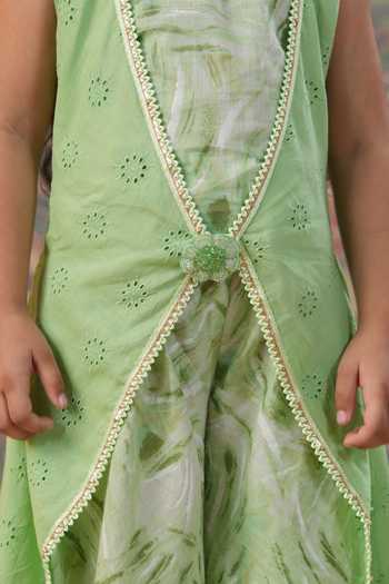 Buy_Cute Couture_Green Muslin Brooches, Embroidery Floral Schiffli Cape And Palazzo Set _Online_at_Aza_Fashions