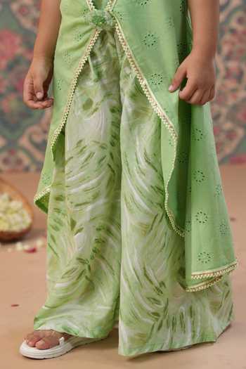 Shop_Cute Couture_Green Muslin Brooches, Embroidery Floral Schiffli Cape And Palazzo Set _Online_at_Aza_Fashions