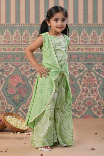 Cute Couture_Green Muslin Brooches, Embroidery Floral Schiffli Cape And Palazzo Set _at_Aza_Fashions