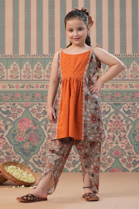 Cute Couture Grey Muslin, Cotton Tassels, Embroidery Floral Pattern Tunic With Dhoti Pant 