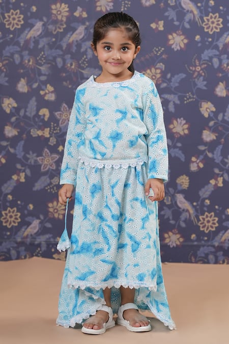 CUTE COUTURE Blue Top And Skirt Chicken Cotton Embroidery With 