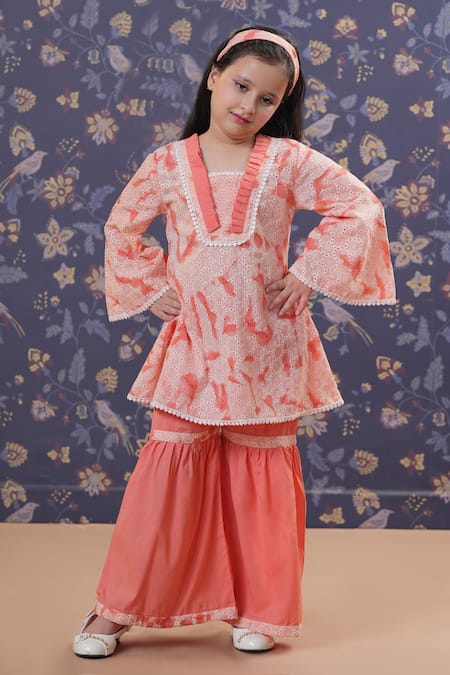 Cute Couture Peach Cotton Lace Schiffli Tunic And Palazzo Set 