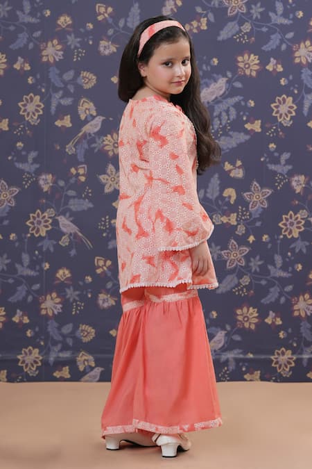 Shop_Cute Couture_Peach Cotton Lace Schiffli Tunic And Palazzo Set _at_Aza_Fashions