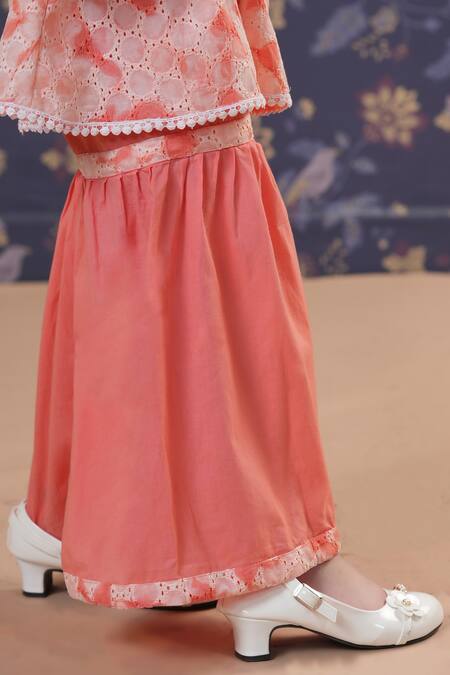 Cute Couture_Peach Cotton Lace Schiffli Tunic And Palazzo Set _Online_at_Aza_Fashions