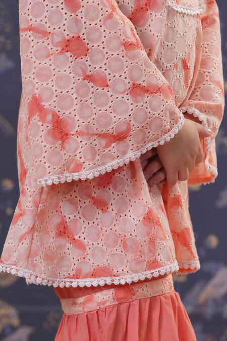Buy_Cute Couture_Peach Cotton Lace Schiffli Tunic And Palazzo Set _Online_at_Aza_Fashions