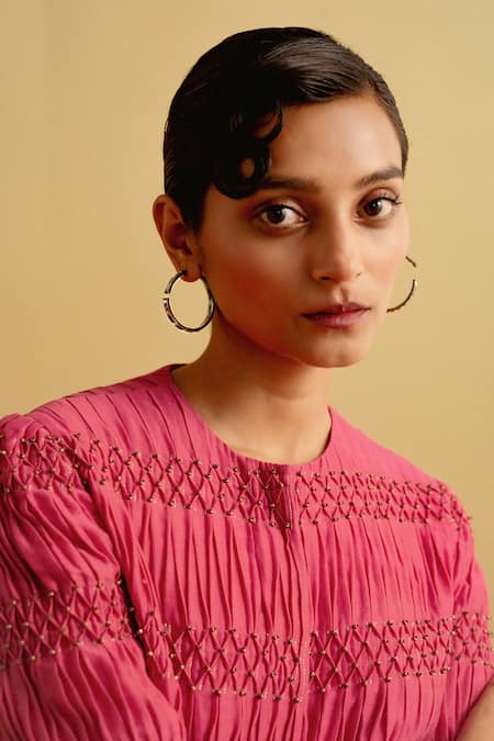 Esme By Aashna Dalmia Gold Plated Crystals, Smocking Musky Cedar Circular Shaped Hoops Online at Aza Fashions Esme By Aashna Dalmia_Gold Plated Crystals, Smocking Musky Cedar Circular Shaped Hoops _Online_at_Aza_Fashions