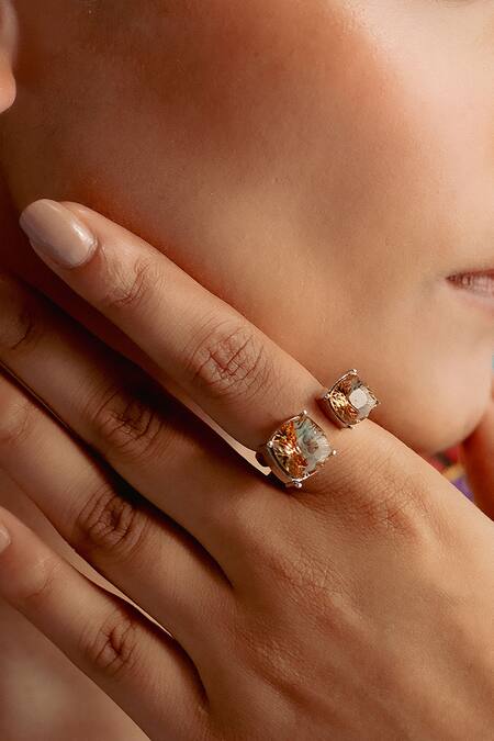 Esme By Aashna Dalmia_Silver Plated Smocking, Crystals Swarovski Embellished Ring _Online_at_Aza_Fashions