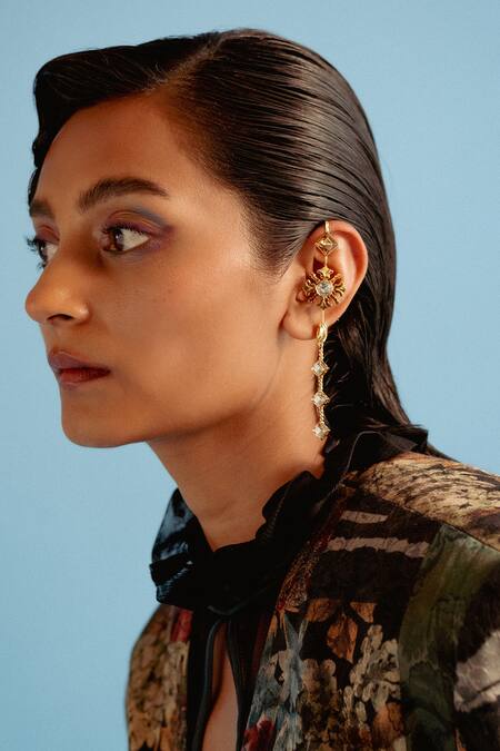 Esme By Aashna Dalmia_Gold Plated Stones, Pearls The Morning Day Lily Embellished Ear Cuffs _Online_at_Aza_Fashions