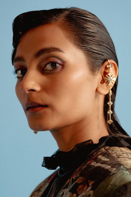 Buy_Esme By Aashna Dalmia_Gold Plated Stones, Pearls The Morning Day Lily Embellished Ear Cuffs _Online_at_Aza_Fashions