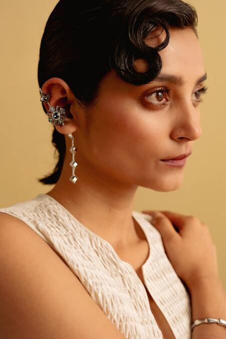 Esme By Aashna Dalmia Silver Plated Stones, The Morning Day Lily Swarovski Embellished Ear Cuffs