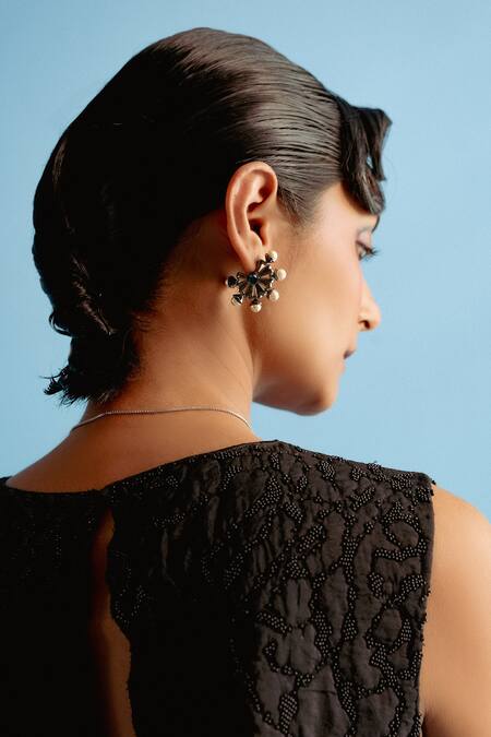 Esme By Aashna Dalmia_Silver Plated Smocking The Old Daisy Pearl Embellished Hoops _Online_at_Aza_Fashions