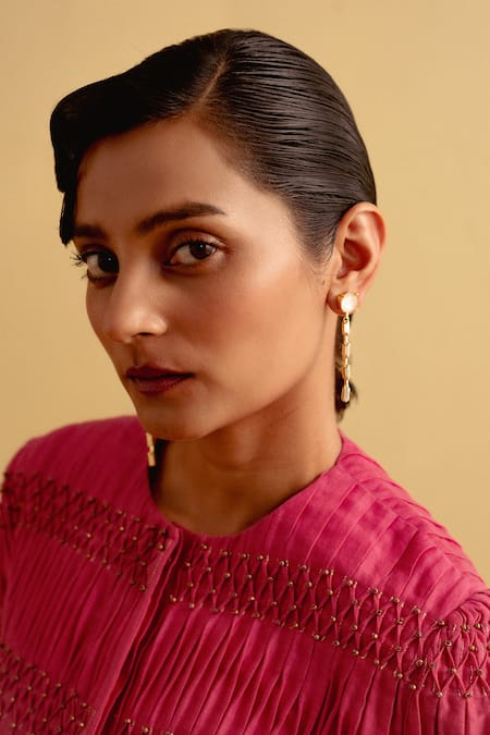 Buy_Esme By Aashna Dalmia_Green Smocking Woody Lavender Embellished Asymmetric Dangler Earrings _Online_at_Aza_Fashions