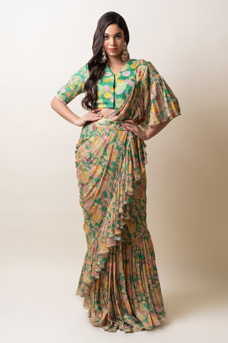 SutrabySweta Paisley Print Pre-Draped Saree With Blouse 