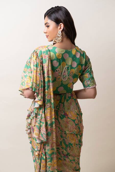 Shop Sutrabysweta Green Chiffon Printed Paisley V Neck Pre-draped Saree With Blouse at Aza Fashions Shop_Sutrabysweta_Green Chiffon Printed Paisley V Neck Pre-draped Saree With Blouse_at_Aza_Fashions