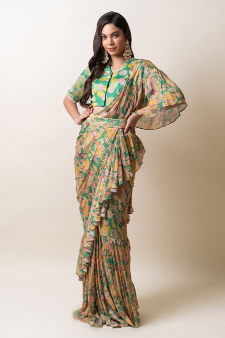Sutrabysweta Green Chiffon Printed Paisley V Neck Pre-draped Saree With Blouse Online at Aza Fashions Sutrabysweta_Green Chiffon Printed Paisley V Neck Pre-draped Saree With Blouse_Online_at_Aza_Fashions