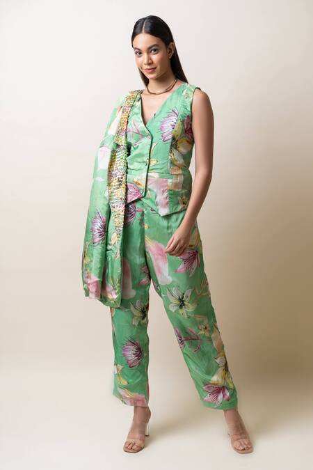 Buy_Sutrabysweta_Green Habutai Silk Printed Floral Blazer  Lapel Collar Pant Set  _Online_at_Aza_Fashions
