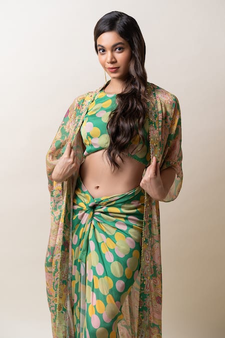Sutrabysweta Green Printed Chiffon Cape Skirt Set 