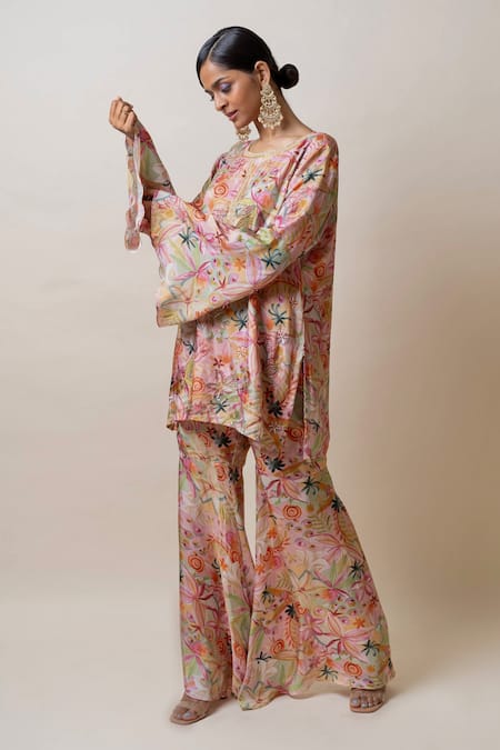 Buy_Sutrabysweta_Pink Habutai Silk Printed Floral Round Kurta And Sharara Set  _Online_at_Aza_Fashions