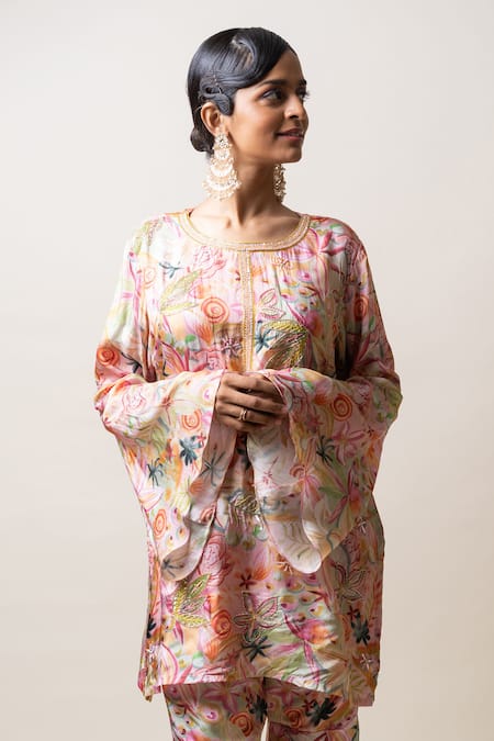 Shop_Sutrabysweta_Pink Habutai Silk Printed Floral Round Kurta And Sharara Set  _Online_at_Aza_Fashions
