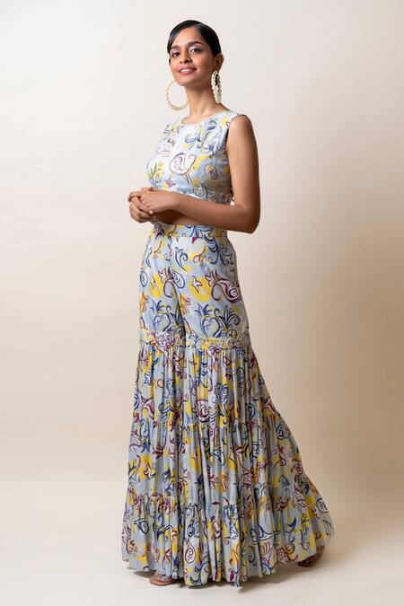 Sutrabysweta_Blue Dola Silk Printed Paisley Round Blouse And Sharara Set  _Online_at_Aza_Fashions