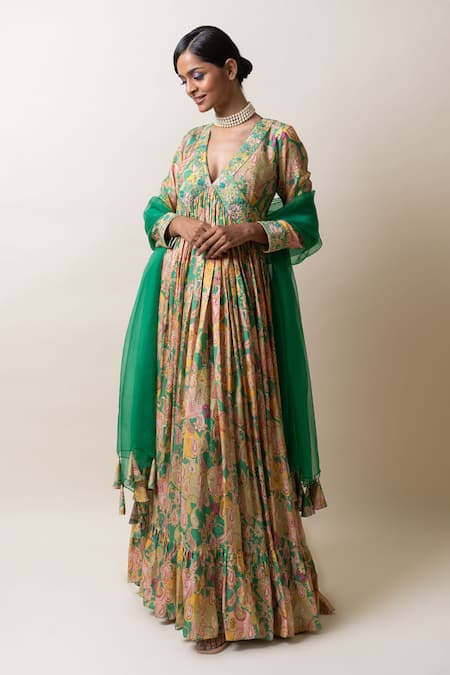 Sutrabysweta_Green Anarkali  Dola Silk Printed Paisley V Neck With Dupatta  _Online_at_Aza_Fashions