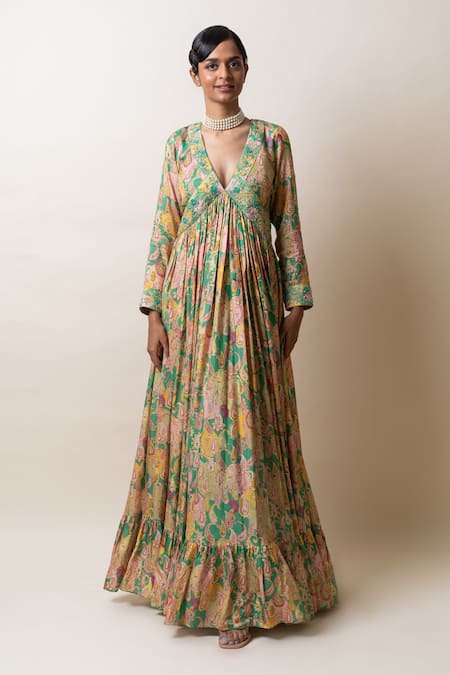 Buy_Sutrabysweta_Green Anarkali  Dola Silk Printed Paisley V Neck With Dupatta  _Online_at_Aza_Fashions