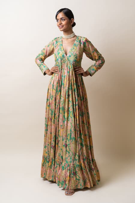 Shop_Sutrabysweta_Green Anarkali  Dola Silk Printed Paisley V Neck With Dupatta  _Online_at_Aza_Fashions