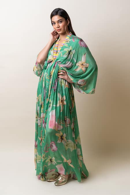 Sutrabysweta_Green Chiffon Embroidery, Sequins V-neck Floral Print Kaftan Dress With Inner _Online_at_Aza_Fashions
