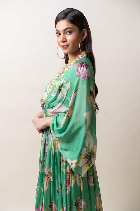 Buy_Sutrabysweta_Green Chiffon Embroidery, Sequins V-neck Floral Print Kaftan Dress With Inner _Online_at_Aza_Fashions