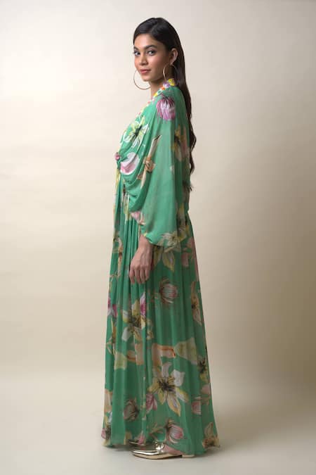 Shop_Sutrabysweta_Green Chiffon Embroidery, Sequins V-neck Floral Print Kaftan Dress With Inner _Online_at_Aza_Fashions