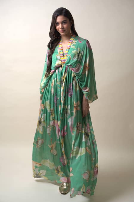 Sutrabysweta_Green Chiffon Embroidery, Sequins V-neck Floral Print Kaftan Dress With Inner _at_Aza_Fashions